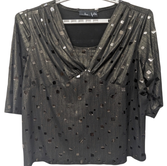 Java 3X (26/28) Black Shimmer Blouse With Gold Threads And Ice-like Decals - Picture 1 of 13